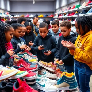 Students selecting shoes at Shoe Palace