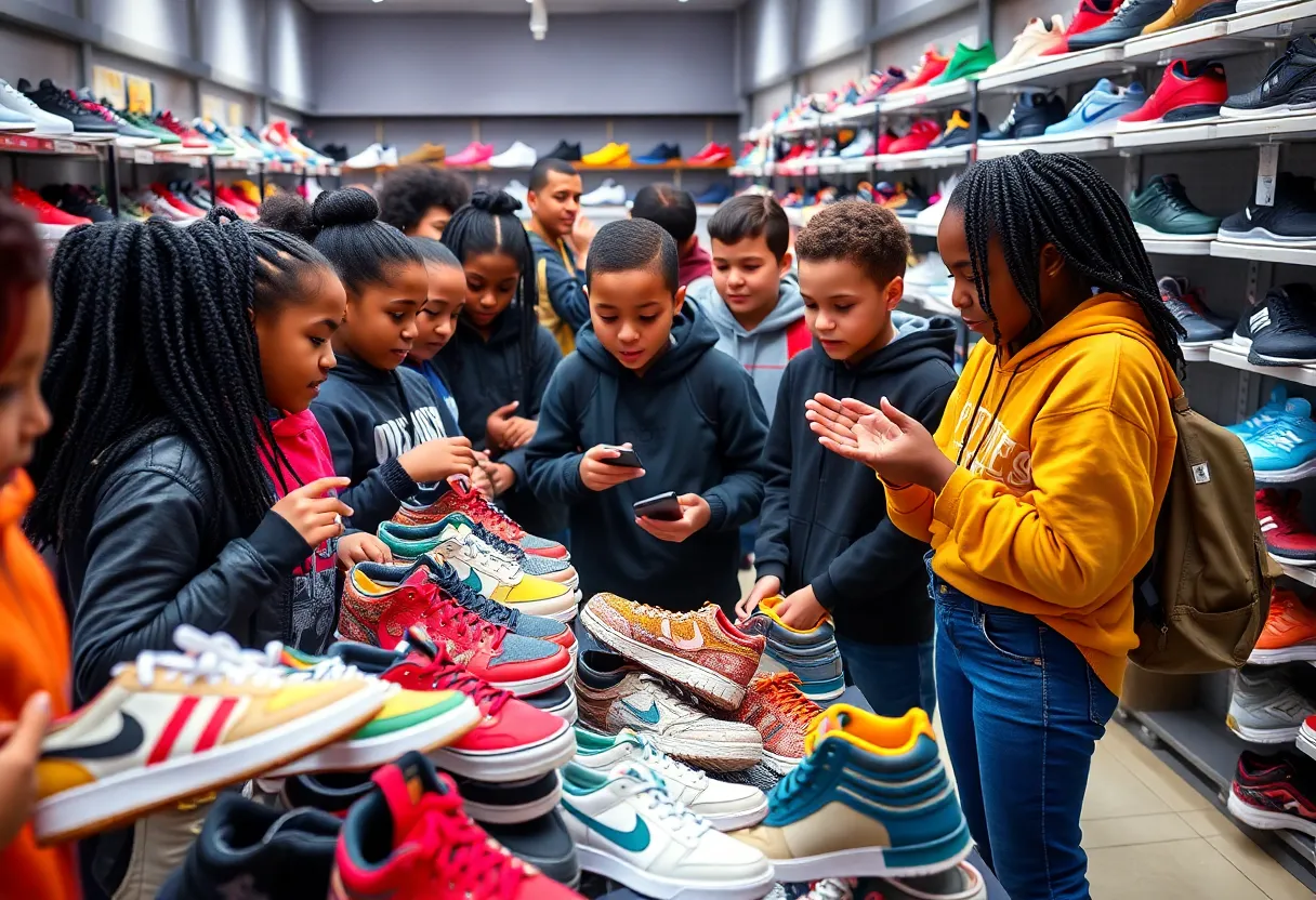 Students selecting shoes at Shoe Palace
