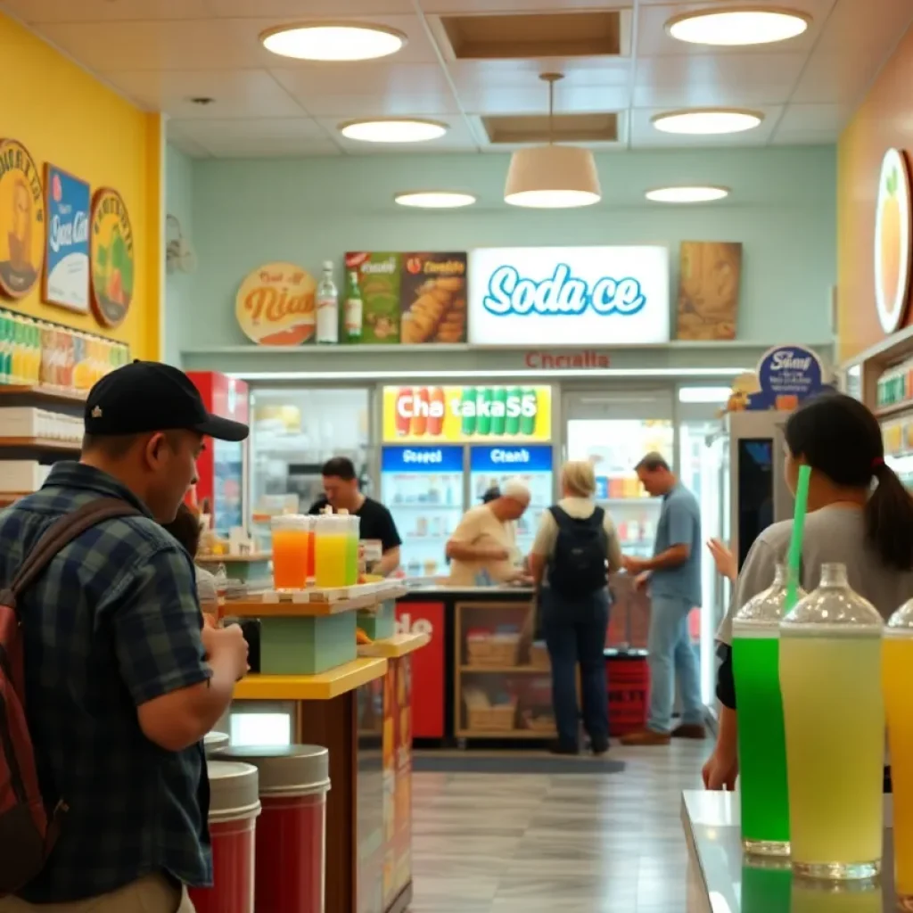 Interior view of Swig Soda Chain, Las Vegas with customers enjoying colorful drinks.