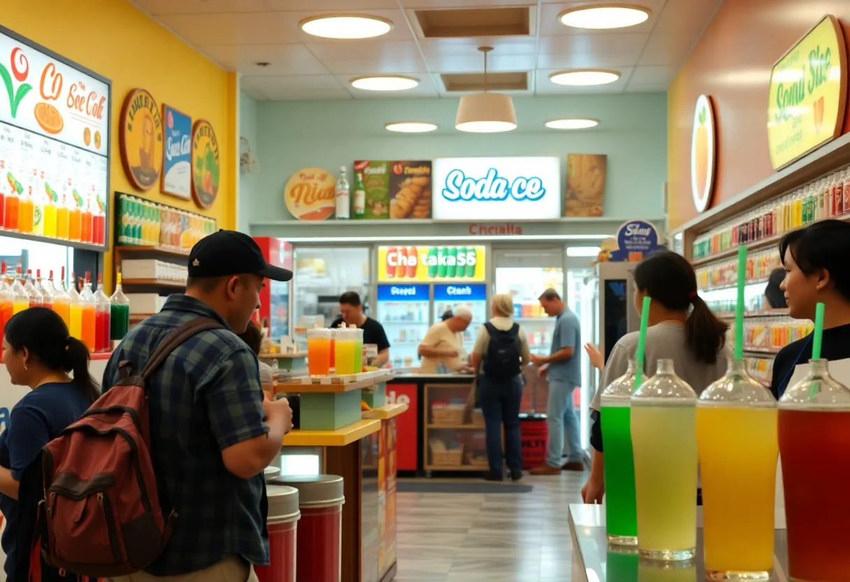 Interior view of Swig Soda Chain, Las Vegas with customers enjoying colorful drinks.