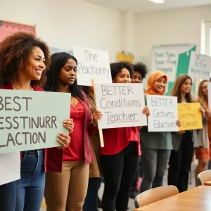 Teachers holding protest signs for better working conditions