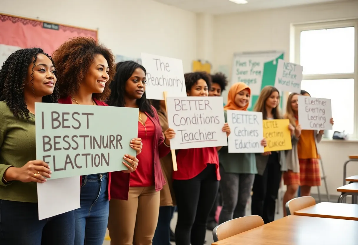Teachers holding protest signs for better working conditions