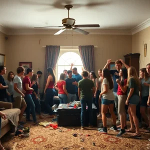 Group of teenagers celebrating in a disheveled living room