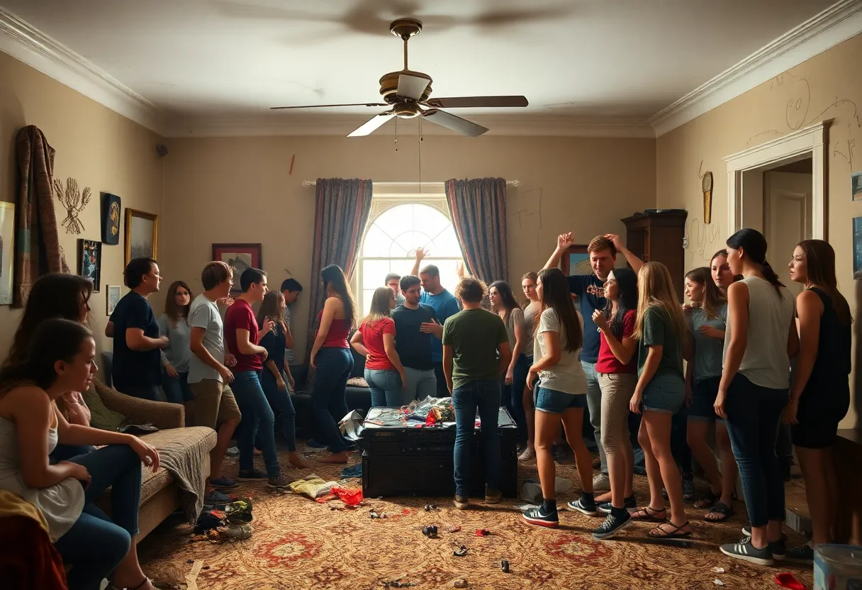 Group of teenagers celebrating in a disheveled living room