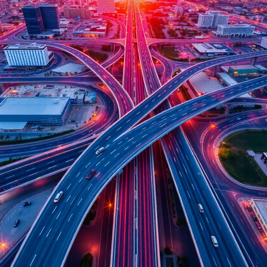 Aerial view of the Tropicana Avenue and I-15 interchange in Las Vegas