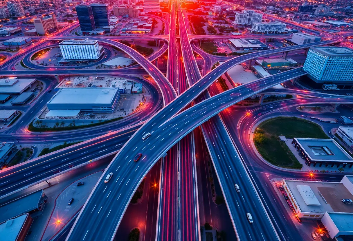 Aerial view of the Tropicana Avenue and I-15 interchange in Las Vegas