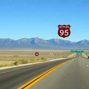 Scenic view of U.S. 95 with detour signs and Nevada landscape