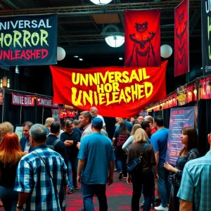 Job fair scene for Universal Horror Unleashed with banners and attendees