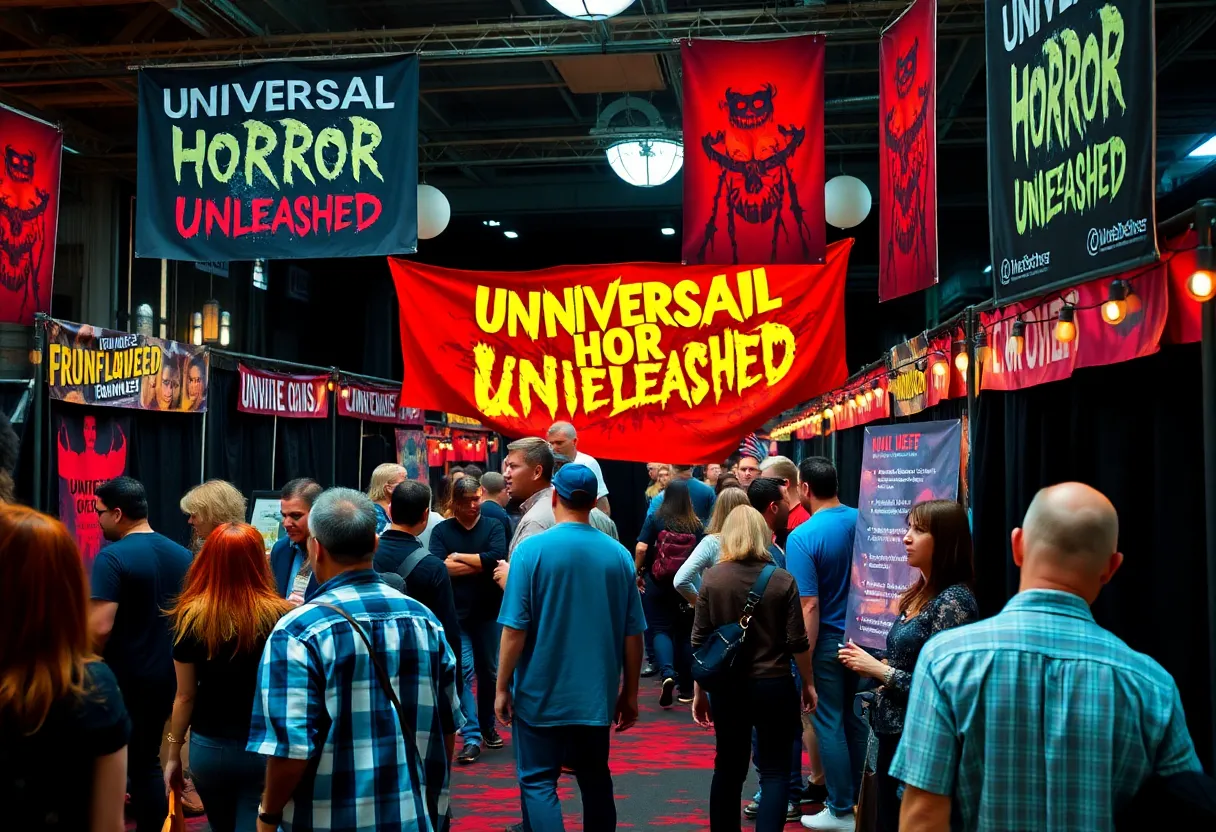 Job fair scene for Universal Horror Unleashed with banners and attendees