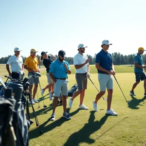Women golfers in practice at a collegiate tournament