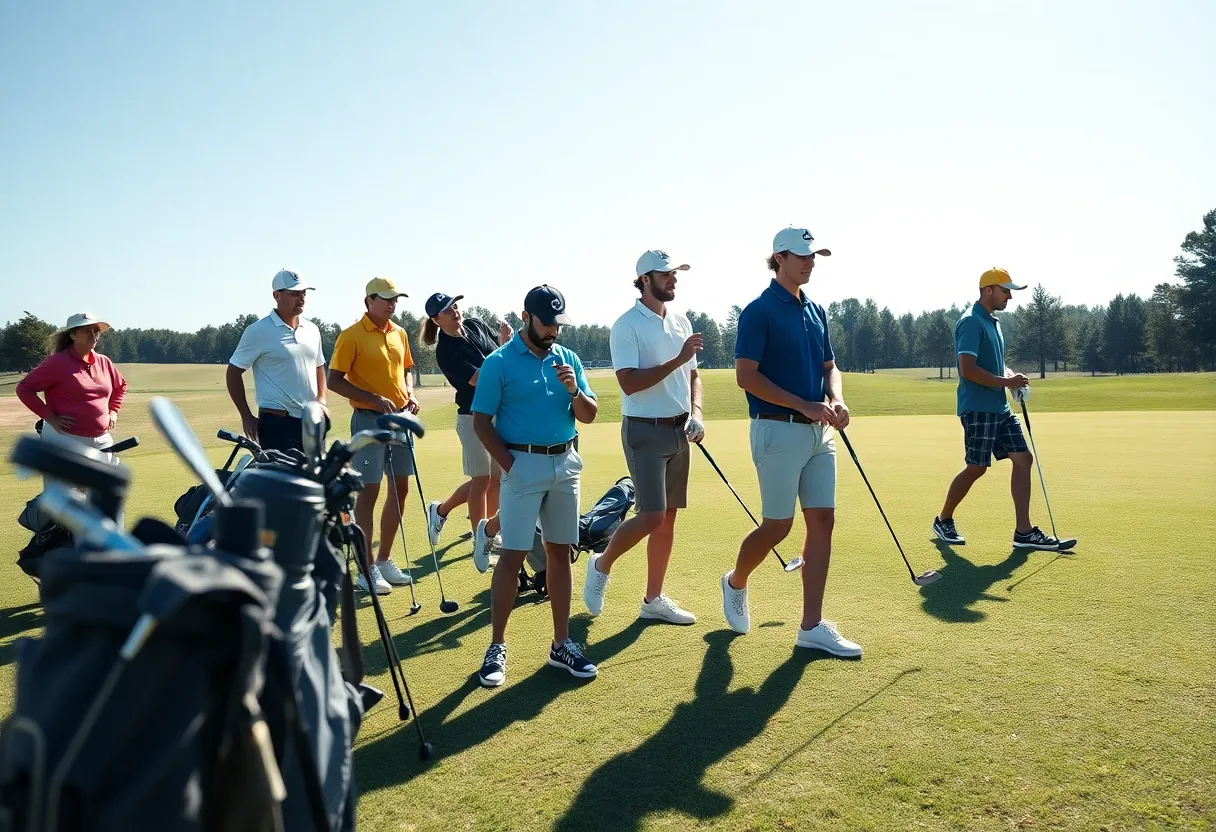 Women golfers in practice at a collegiate tournament