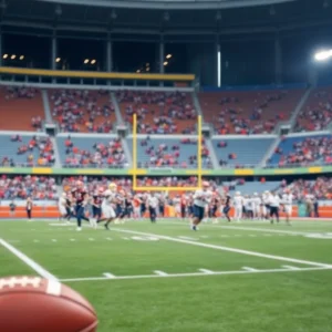 A bustling football stadium with players practicing on the field