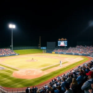 UNLV Rebels baseball team in action during a night game.