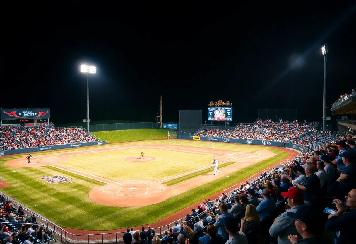 UNLV Rebels baseball team in action during a night game.