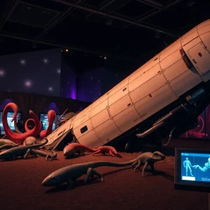 Scene from The Wreckage immersive experience featuring spaceship wreckage and alien specimens.