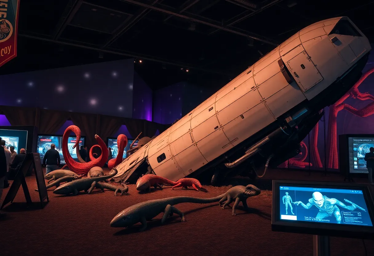 Scene from The Wreckage immersive experience featuring spaceship wreckage and alien specimens.