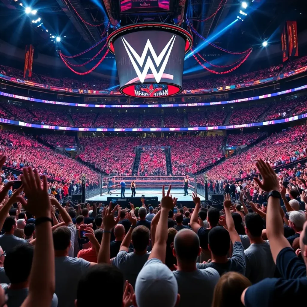 Stadium packed with wrestling fans during WrestleMania in Las Vegas