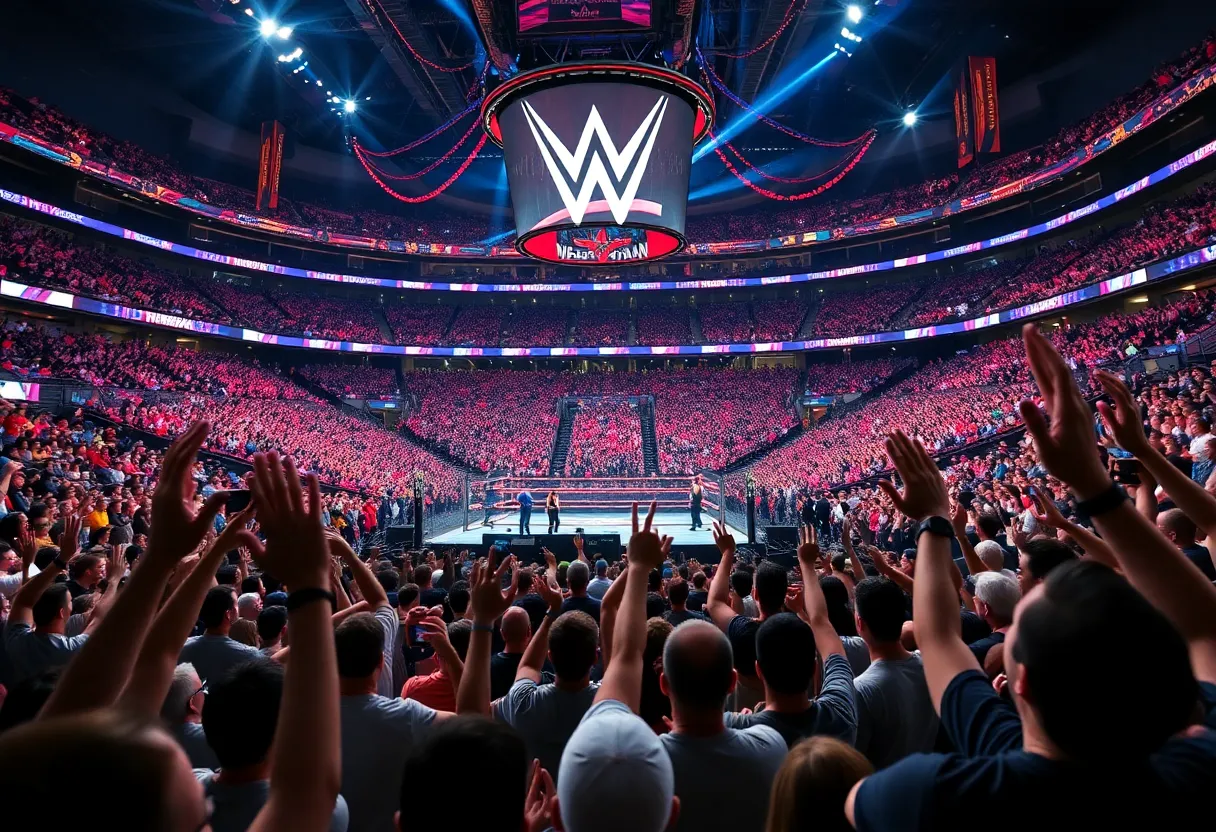 Stadium packed with wrestling fans during WrestleMania in Las Vegas