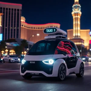 A Zoox robotaxi navigating the streets of Las Vegas