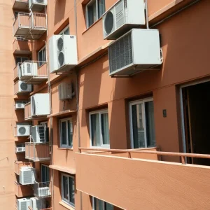 Air conditioning units in a Las Vegas apartment complex during a heat wave.