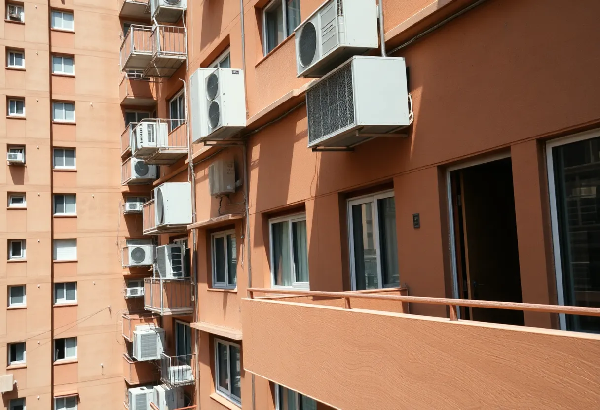 Air conditioning units in a Las Vegas apartment complex during a heat wave.