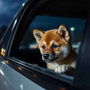 Akita puppy looking out of a broken car window
