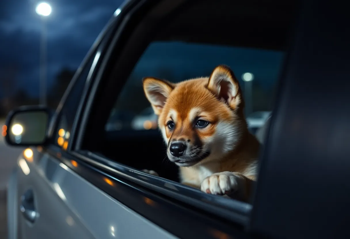 Akita puppy looking out of a broken car window