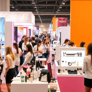 Scene from a beauty industry conference with products and professionals