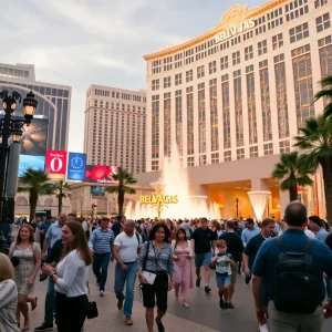 Bellagio Fountains with Las Vegas skyline