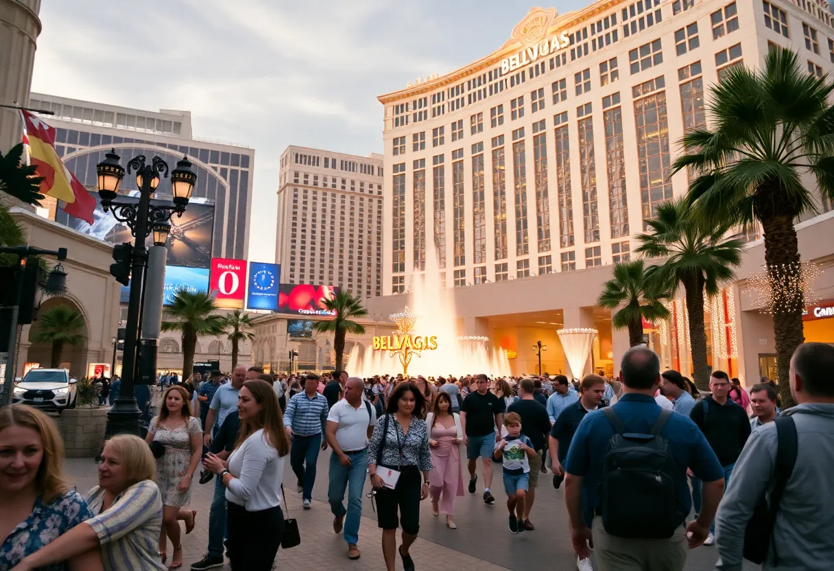 Bellagio Fountains with Las Vegas skyline
