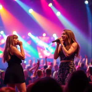 Brandy and Monica on stage during a concert