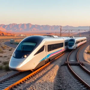 High-speed rail train on a scenic route between California and Nevada