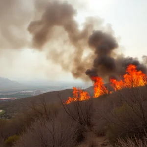 Brush fire smoke rising over Las Vegas wetlands and parks.