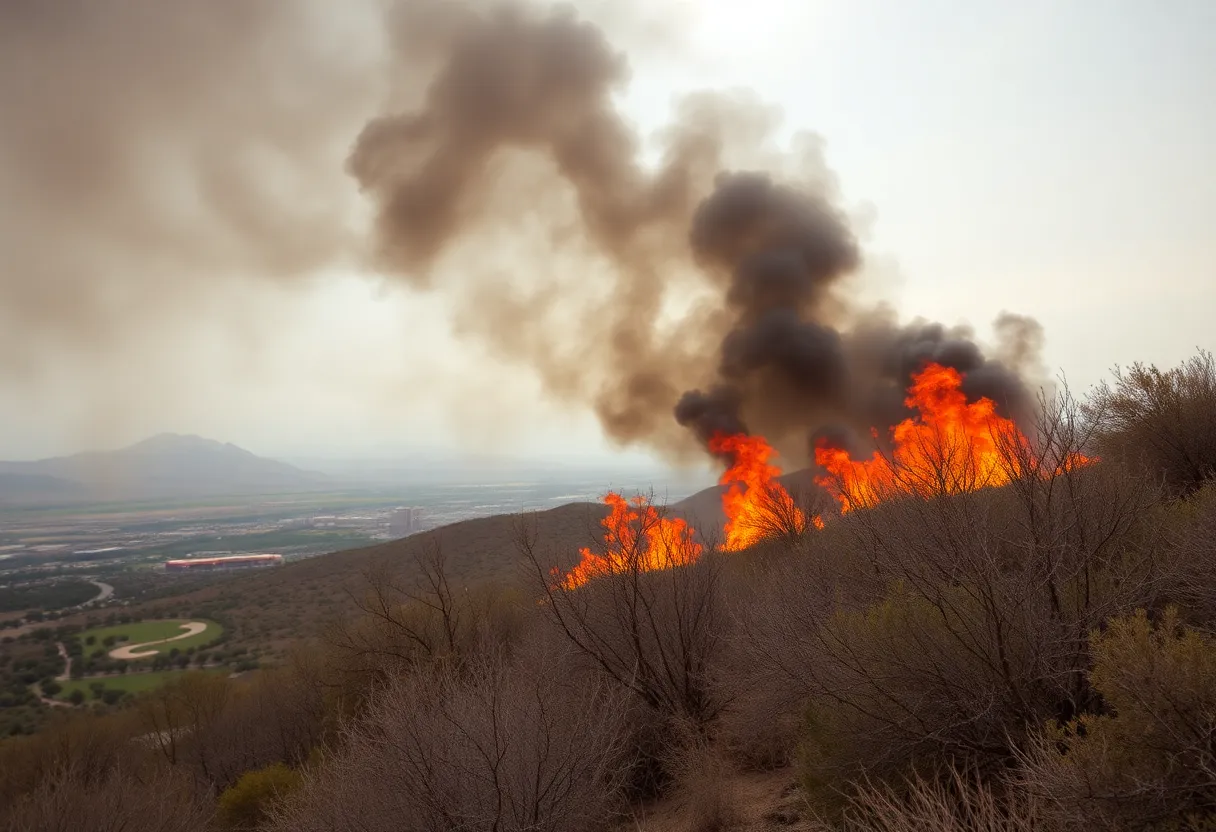 Brush fire smoke rising over Las Vegas wetlands and parks.