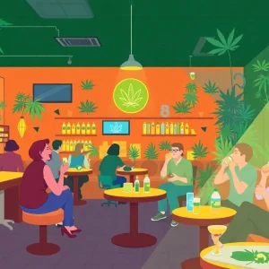 Interior of a cannabis consumption lounge in Nevada with customers enjoying various products.