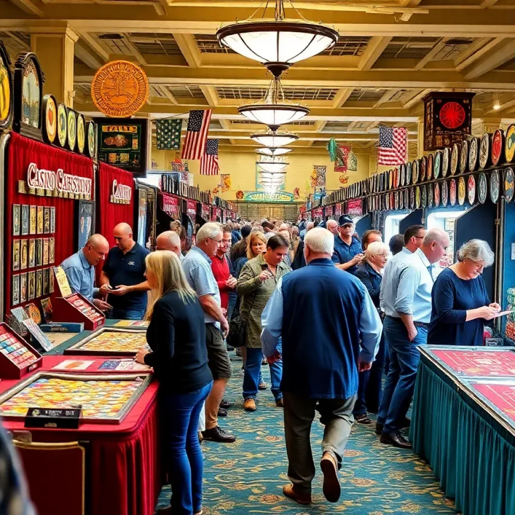 Attendees at the Casino Collectibles Show examining various casino memorabilia.