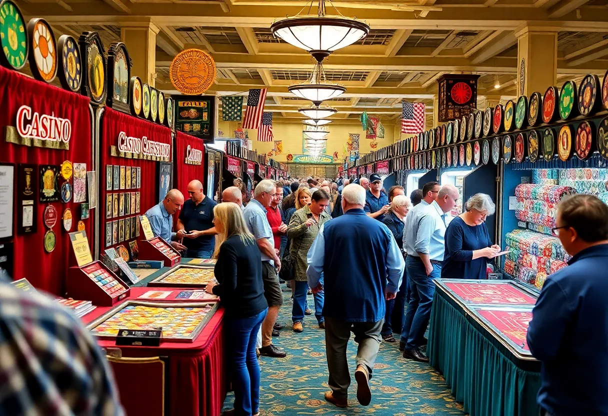 Attendees at the Casino Collectibles Show examining various casino memorabilia.