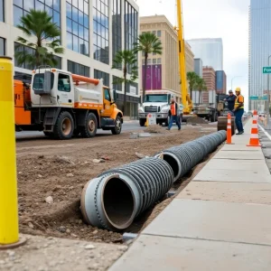 Construction workers working on storm drainage project on Charleston Boulevard.