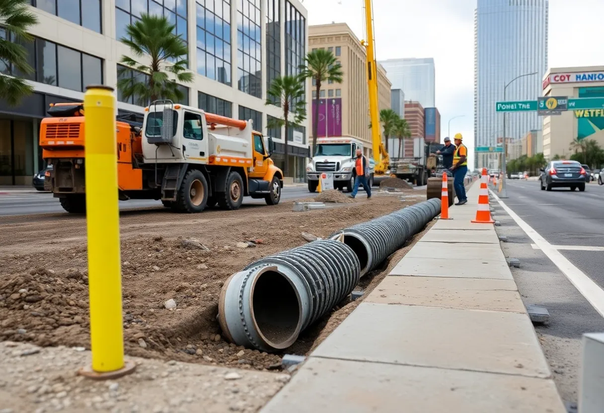 Construction workers working on storm drainage project on Charleston Boulevard.