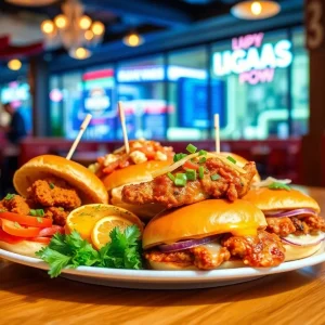 Various gourmet chicken sandwiches showcased in a restaurant