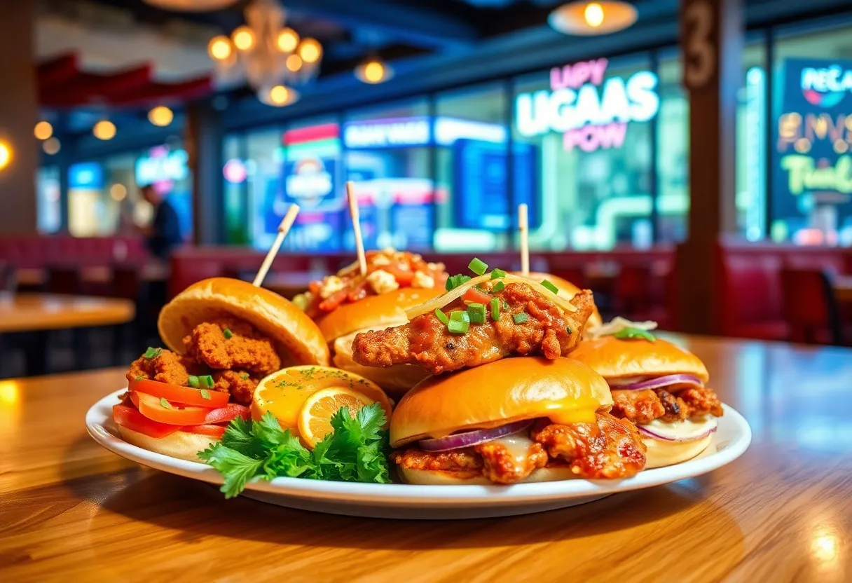 Various gourmet chicken sandwiches showcased in a restaurant