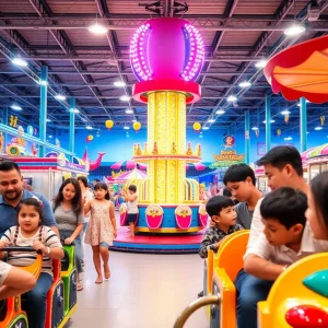 Families enjoying rides at Adventuredome amusement park in Las Vegas