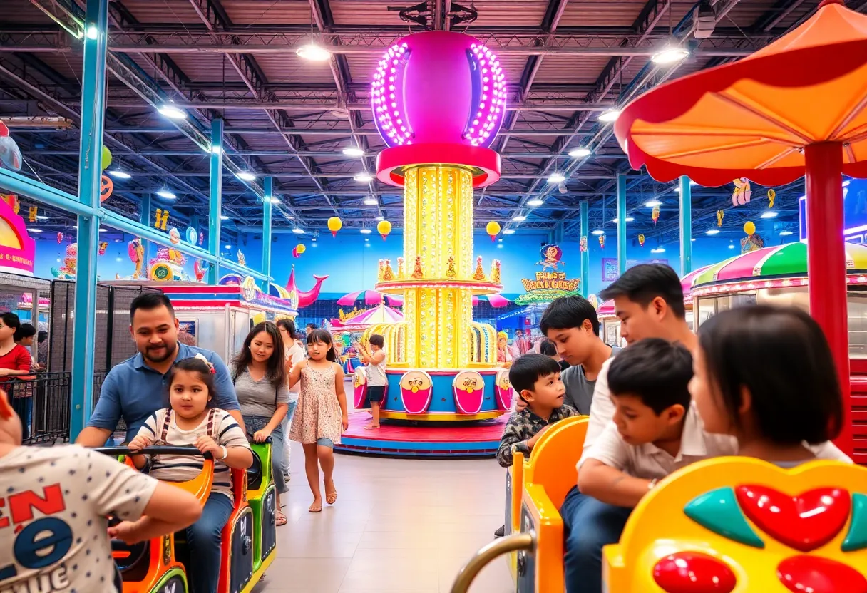 Families enjoying rides at Adventuredome amusement park in Las Vegas