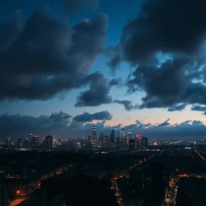 Nighttime city skyline with dark clouds symbolizing conflict