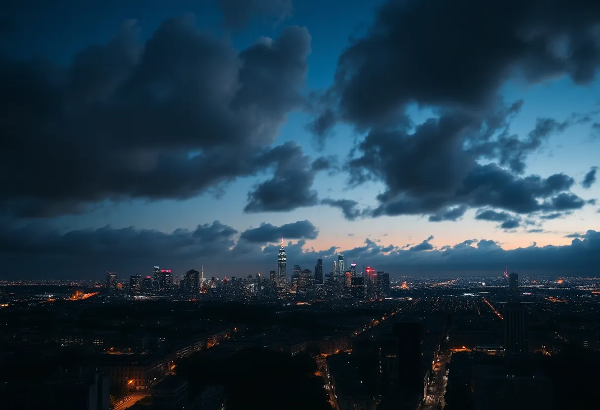 Nighttime city skyline with dark clouds symbolizing conflict