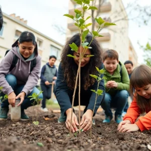Volunteers planting young trees in a residential area of Las Vegas Valley