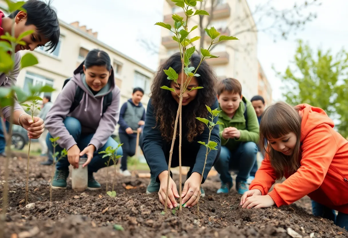 Volunteers planting young trees in a residential area of Las Vegas Valley