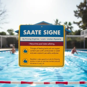 A community pool with safety barriers and signs promoting water safety.
