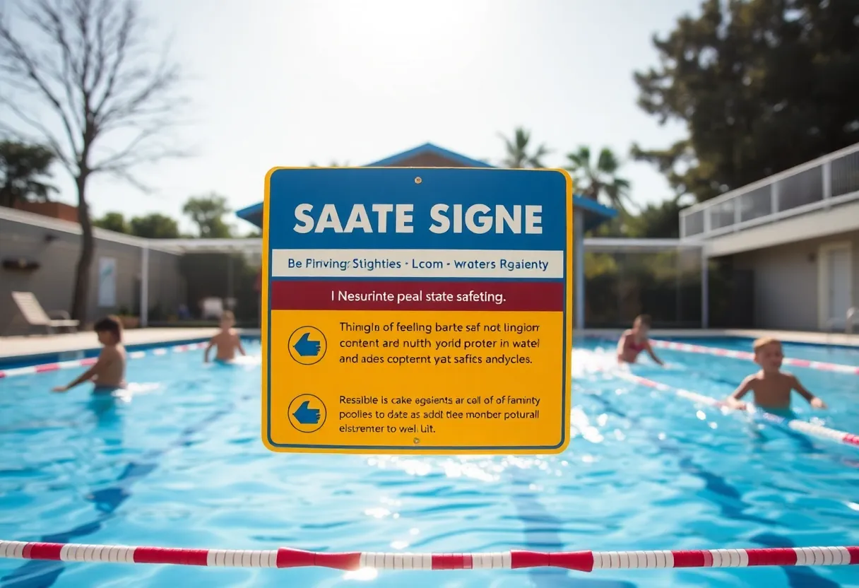 A community pool with safety barriers and signs promoting water safety.