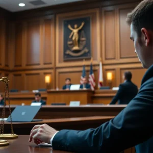 Illustration of a courtroom emphasizing legal consequences of cyberstalking.